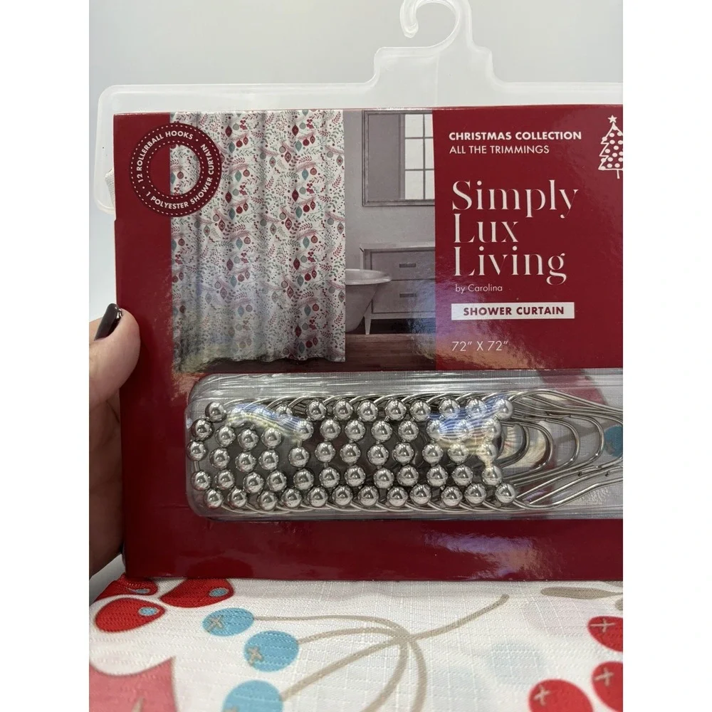 Simply Lux Living NWT 'All The Trimmings' Shower Curtain & Hooks Christmas